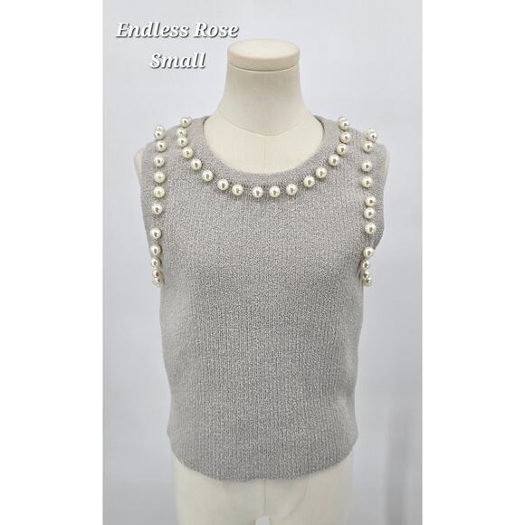 Endless Rose Pearl Detail Knit Tank Top – Grey, Size Small - Picture 1 of 7